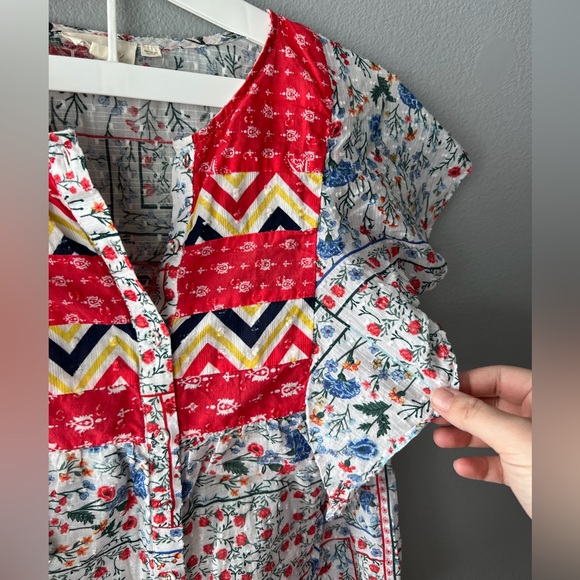 Anthropologie Let Me Be white red blue floral ruffle sleeve boho blouse sz 4 - Picture 4 of 7